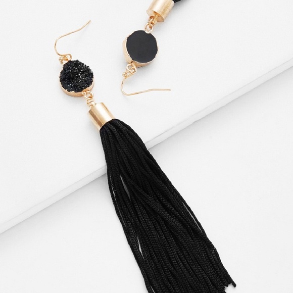 Black Druzy Tassell Drop Earrings - Picture 2 of 4